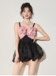 Pink Petal Bowknot Lace-Up Design Black Sexy Backless Sleeveless One-Piece Skirt Style Swimsuit