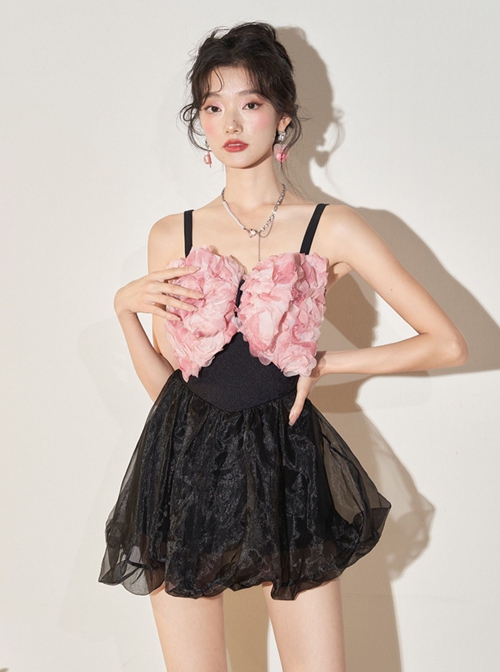Pink Petal Bowknot Lace-Up Design Black Sexy Backless Sleeveless One-Piece Skirt Style Swimsuit