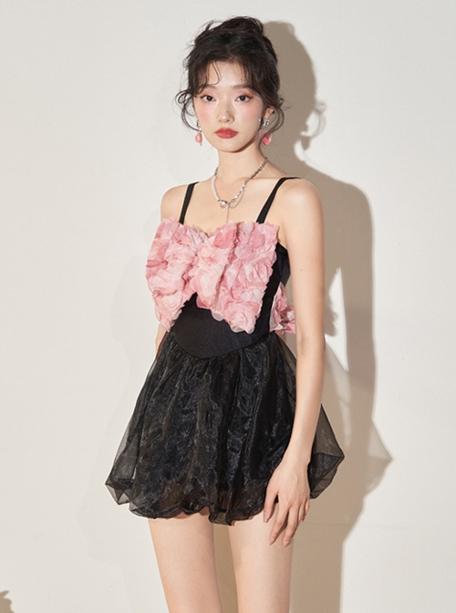 Pink Petal Bowknot Lace-Up Design Black Sexy Backless Sleeveless One-Piece Skirt Style Swimsuit