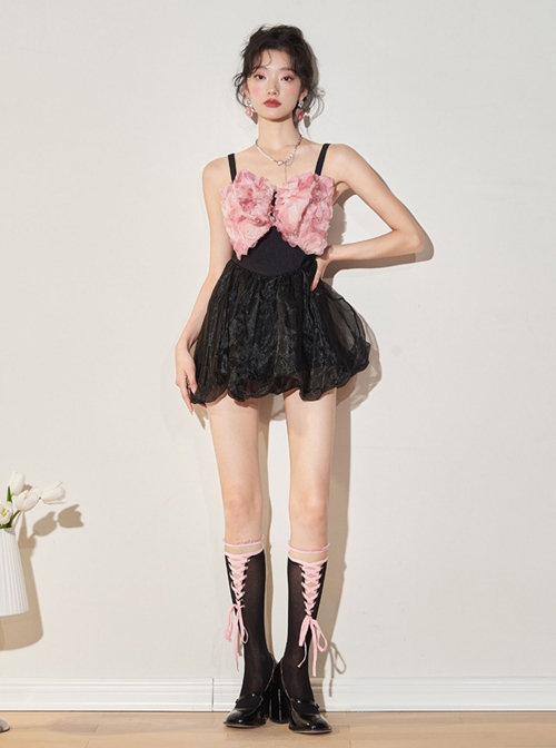 Pink Petal Bowknot Lace-Up Design Black Sexy Backless Sleeveless One-Piece Skirt Style Swimsuit