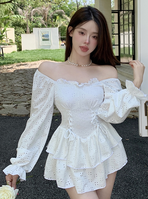 Hollow Breathable White Conservative Lace-Up Pure Color Slim Fit Long-Sleeved One-Piece Skirt Style Swimsuit