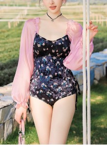 Black Floral Slim Fit Backless Pink Lantern Sleeve Design Sexy Long Sleeve One-Piece Swimsuit