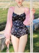 Black Floral Slim Fit Backless Pink Lantern Sleeve Design Sexy Long Sleeve One-Piece Swimsuit