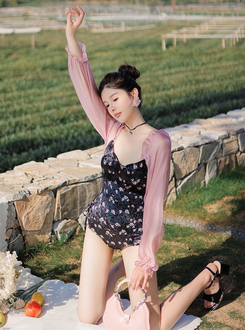 Black Floral Slim Fit Backless Pink Lantern Sleeve Design Sexy Long Sleeve One-Piece Swimsuit