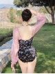 Black Floral Slim Fit Backless Pink Lantern Sleeve Design Sexy Long Sleeve One-Piece Swimsuit