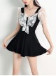 Three-Dimensional Butterfly Mesh Bowknot Design Sexy Lace-Up Backless Black Short-Sleeved One-Piece Skirt Style Swimsuit