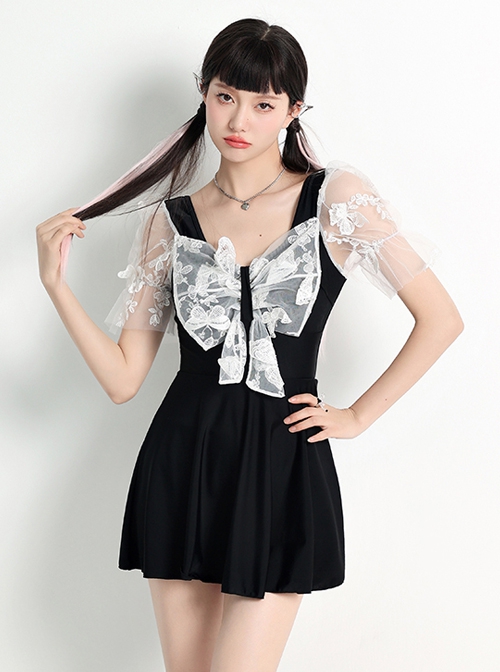 Three-Dimensional Butterfly Mesh Bowknot Design Sexy Lace-Up Backless Black Short-Sleeved One-Piece Skirt Style Swimsuit