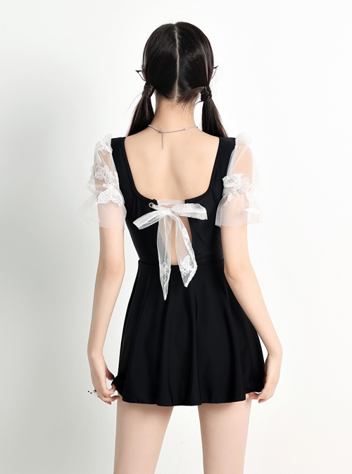 Three-Dimensional Butterfly Mesh Bowknot Design Sexy Lace-Up Backless Black Short-Sleeved One-Piece Skirt Style Swimsuit