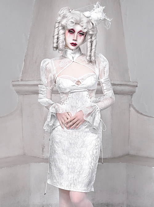 Elegant Gorgeous Stand Collar Puff Sleeve Flower Chiffon White Retro Gothic Lolita Long-Sleeved Short Coat