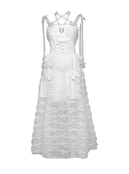 Perspective White Lace Hem Design Asymmetric Stitching V-Neck Detachable Pentagram Accessories Gothic Lolita Sleeveless Dress