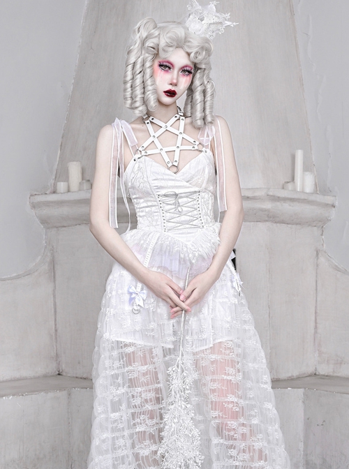 Perspective White Lace Hem Design Asymmetric Stitching V-Neck Detachable Pentagram Accessories Gothic Lolita Sleeveless Dress