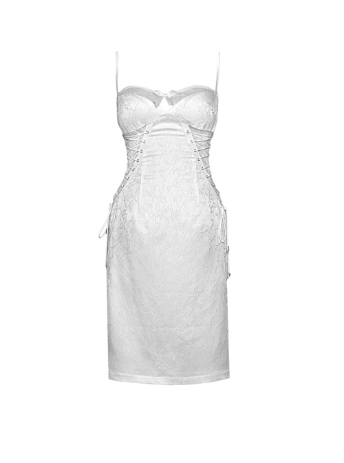 White Embossed Thorn Jacquard Sexy Hollow Stitching Lace-Up Slim Simple Gothic Sleeveless Dress