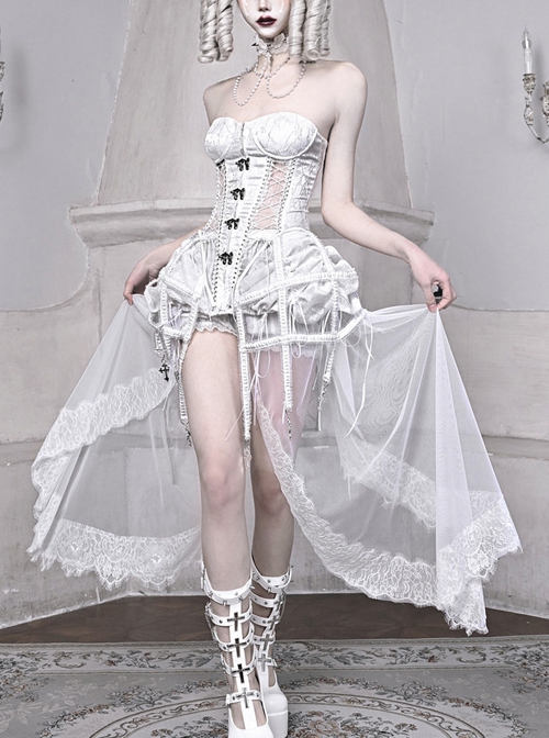 Palace Style White Slim Fit Lace Fishbone Corset Perspective Stitching Design Gothic Sleeveless Corset Set