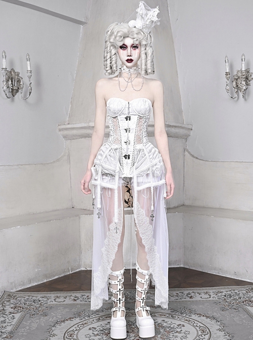 Palace Style White Slim Fit Lace Fishbone Corset Perspective Stitching Design Gothic Sleeveless Corset Set