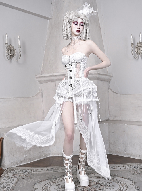 Palace Style White Slim Fit Lace Fishbone Corset Perspective Stitching Design Gothic Sleeveless Corset Set