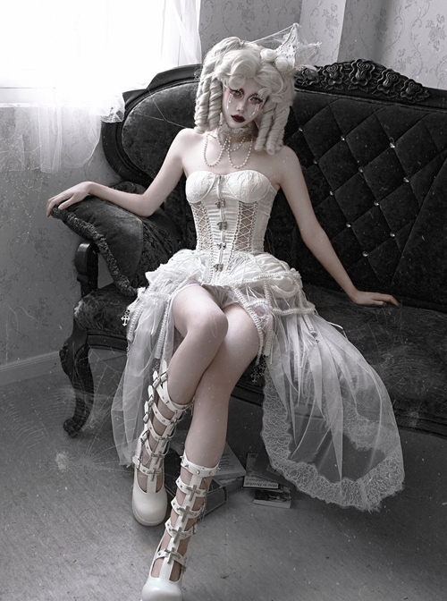 Palace Style White Slim Fit Lace Fishbone Corset Perspective Stitching Design Gothic Sleeveless Corset Set