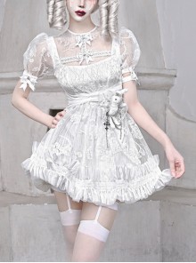 Gothic White Chiffon Puff Sleeve Thorn Jacquard Asymmetrical Hem Design Gothic Lolita Short Sleeve Dress