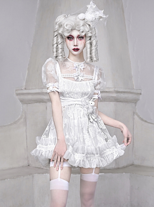 Gothic White Chiffon Puff Sleeve Thorn Jacquard Asymmetrical Hem Design Gothic Lolita Short Sleeve Dress