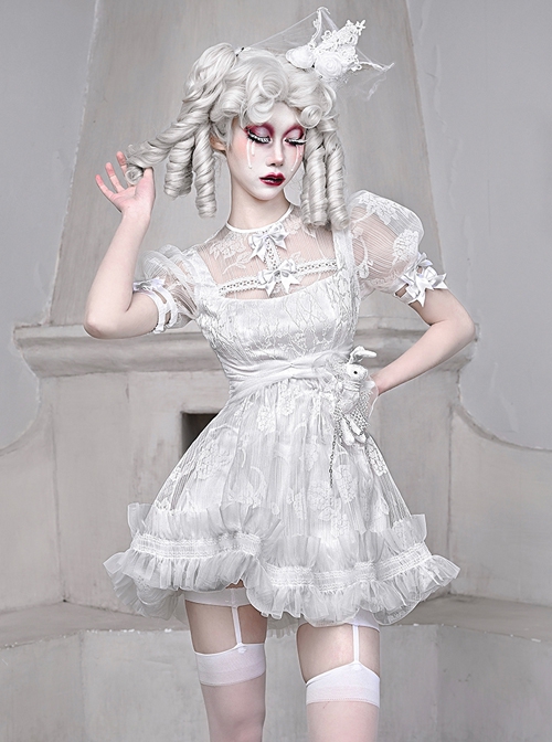 Gothic White Chiffon Puff Sleeve Thorn Jacquard Asymmetrical Hem Design Gothic Lolita Short Sleeve Dress