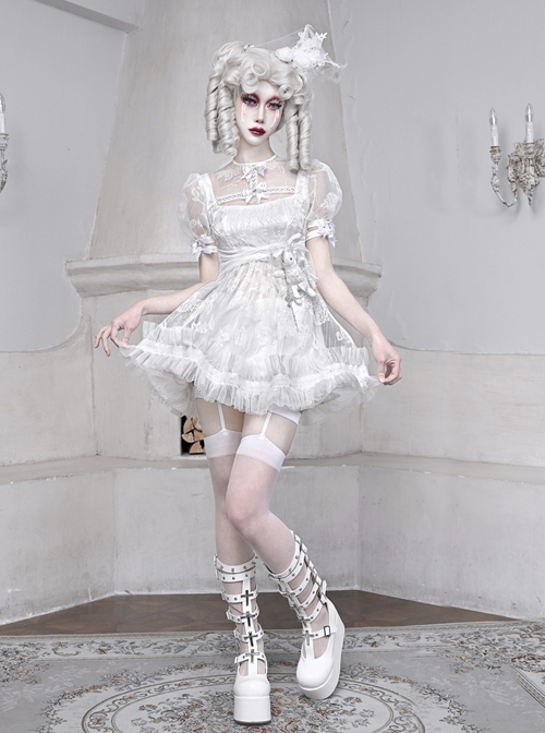 Gothic White Chiffon Puff Sleeve Thorn Jacquard Asymmetrical Hem Design Gothic Lolita Short Sleeve Dress