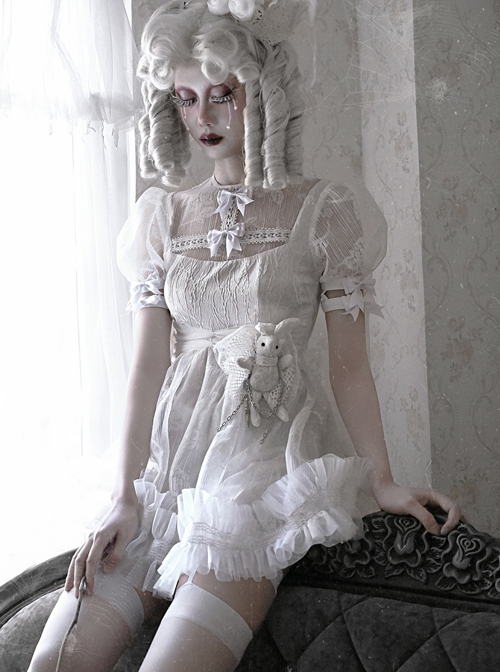 Gothic White Chiffon Puff Sleeve Thorn Jacquard Asymmetrical Hem Design Gothic Lolita Short Sleeve Dress