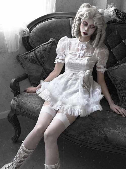 Gothic White Chiffon Puff Sleeve Thorn Jacquard Asymmetrical Hem Design Gothic Lolita Short Sleeve Dress