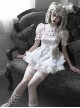 Gothic White Chiffon Puff Sleeve Thorn Jacquard Asymmetrical Hem Design Gothic Lolita Short Sleeve Dress