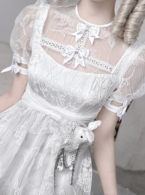Gothic White Chiffon Puff Sleeve Thorn Jacquard Asymmetrical Hem Design Gothic Lolita Short Sleeve Dress