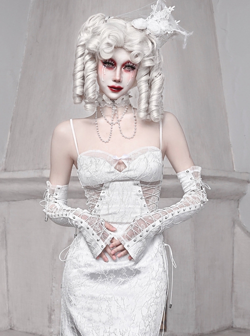 Embossed Jacquard Stitching Flower Chiffon Cross Lace-Up Design White Gothic Hand Sleeve