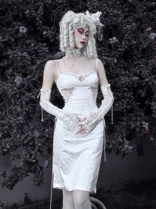 Embossed Jacquard Stitching Flower Chiffon Cross Lace-Up Design White Gothic Hand Sleeve