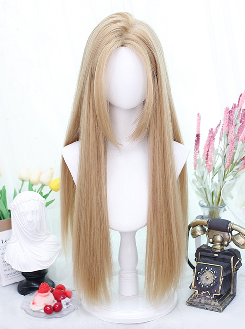 Natural Middle Score Bangs Golden Long Straight Hair Classic Lolita Wig