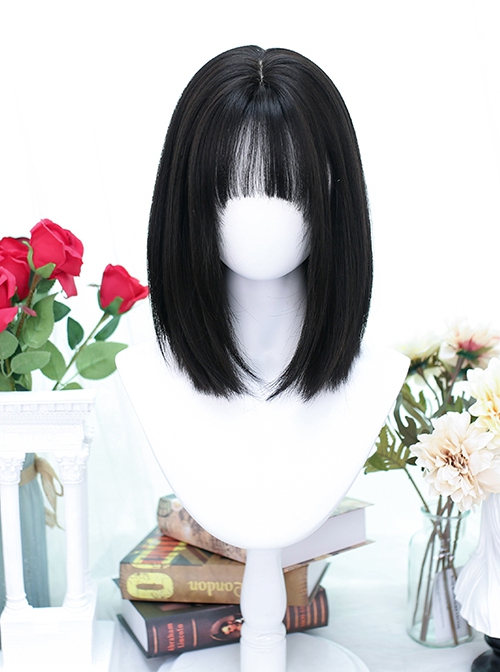 Wind Chime Series Black Daily Natural JK Girl Air Bangs Shoulder Straight Hair Classic Lolita Wig