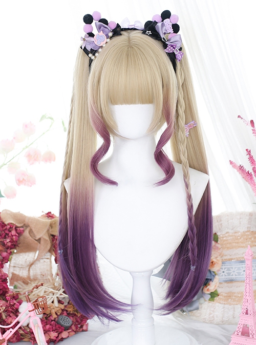 Golden Gradient Purple Natural Bangs Short Hair Tiger Mouth Clip Double Ponytail Sweet Lolita Wig