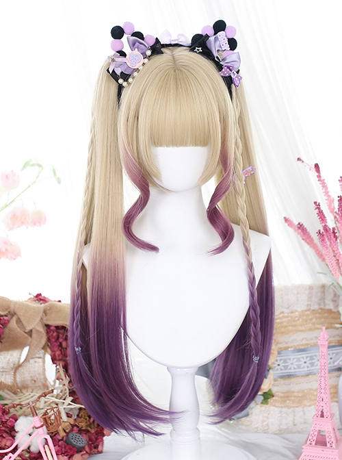 Golden Gradient Purple Natural Bangs Short Hair Tiger Mouth Clip Double Ponytail Sweet Lolita Wig