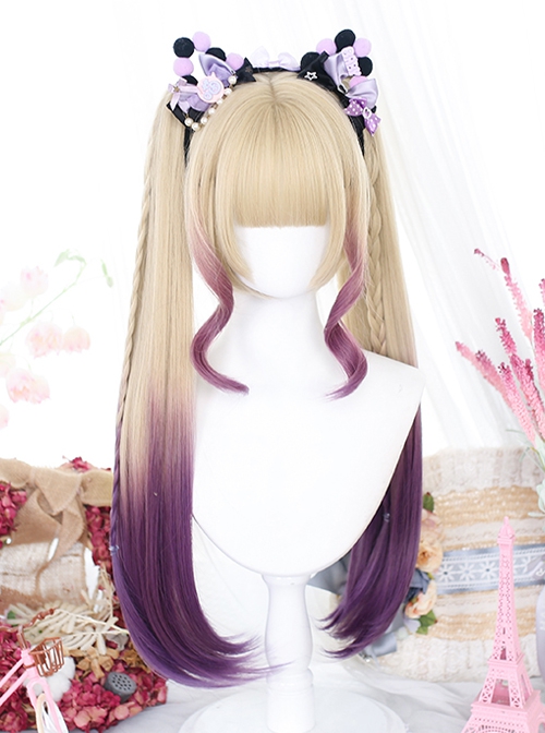 Golden Gradient Purple Natural Bangs Short Hair Tiger Mouth Clip Double Ponytail Sweet Lolita Wig