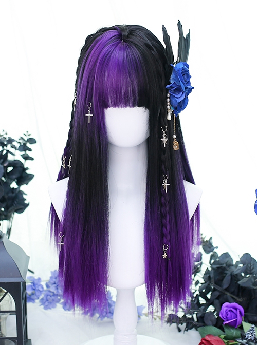 Black Gradient Purple Girl Internet Celebrity Fashion Long Straight Hair Punk Lolita Wig