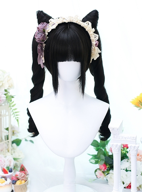 Black Cute E-Sports Girl Short Hair Tiger Mouth Clip Double Ponytail Sweet Lolita Wig