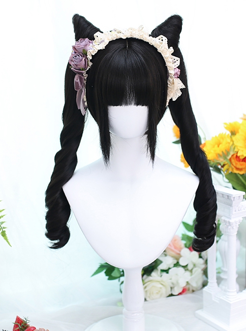 Black Cute E-Sports Girl Short Hair Tiger Mouth Clip Double Ponytail Sweet Lolita Wig