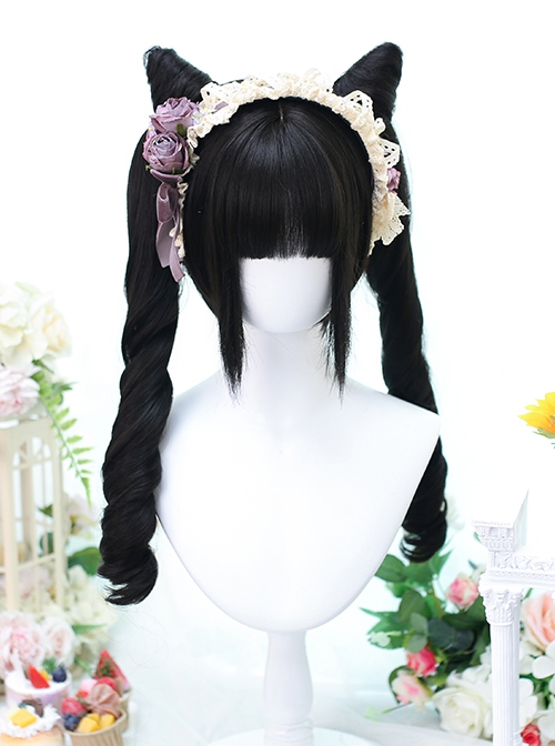 Black Cute E-Sports Girl Short Hair Tiger Mouth Clip Double Ponytail Sweet Lolita Wig