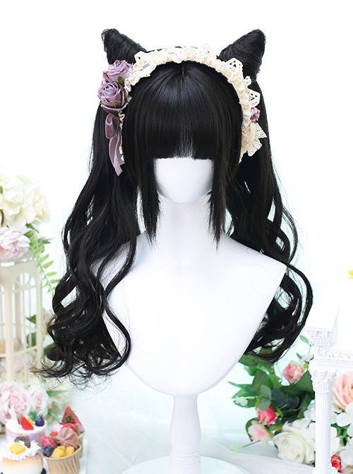Black Cute E-Sports Girl Short Hair Tiger Mouth Clip Double Ponytail Sweet Lolita Wig