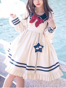 Navy Style Daily Loose Cute Cloud Embroidery Star Button Lantern Sleeve School Lolita Long Sleeve Dress