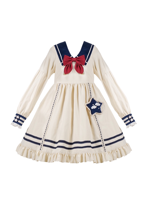 Navy Style Daily Loose Cute Cloud Embroidery Star Button Lantern Sleeve School Lolita Long Sleeve Dress