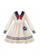 Navy Style Daily Loose Cute Cloud Embroidery Star Button Lantern Sleeve School Lolita Long Sleeve Dress