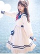 Navy Style Daily Loose Cute Cloud Embroidery Star Button Lantern Sleeve School Lolita Long Sleeve Dress