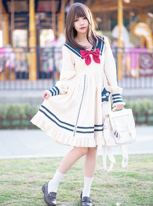 Navy Style Daily Loose Cute Cloud Embroidery Star Button Lantern Sleeve School Lolita Long Sleeve Dress