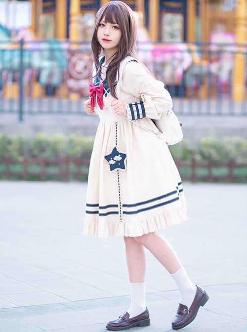 Navy Style Daily Loose Cute Cloud Embroidery Star Button Lantern Sleeve School Lolita Long Sleeve Dress