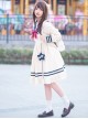 Navy Style Daily Loose Cute Cloud Embroidery Star Button Lantern Sleeve School Lolita Long Sleeve Dress