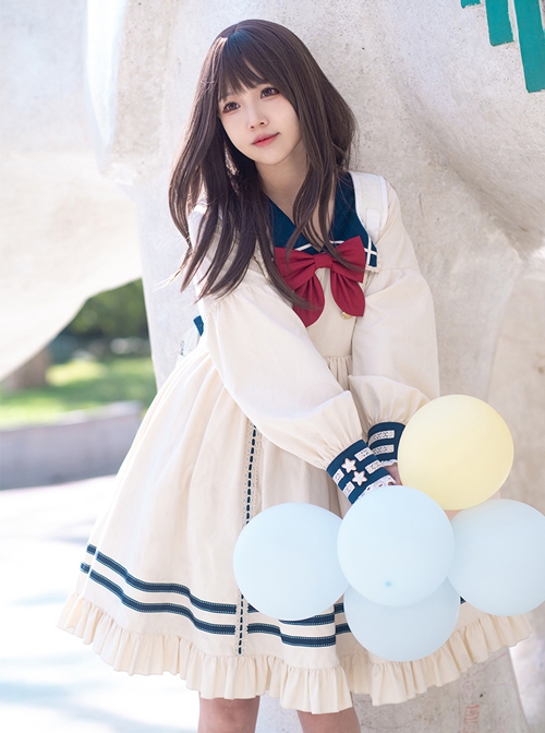 Navy Style Daily Loose Cute Cloud Embroidery Star Button Lantern Sleeve School Lolita Long Sleeve Dress