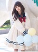 Navy Style Daily Loose Cute Cloud Embroidery Star Button Lantern Sleeve School Lolita Long Sleeve Dress