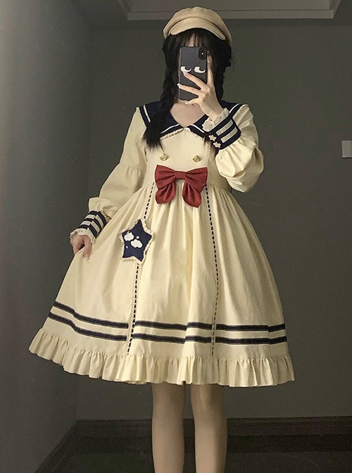 Navy Style Daily Loose Cute Cloud Embroidery Star Button Lantern Sleeve School Lolita Long Sleeve Dress